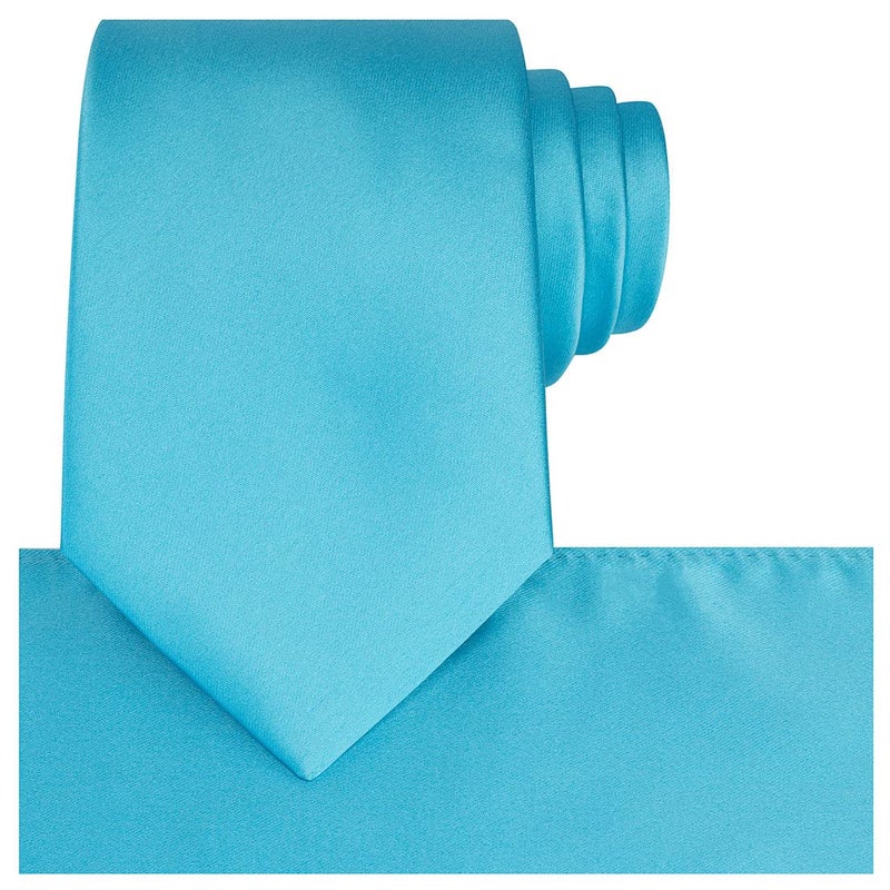 KissTies Turquoise Blue Satin Tie Set Solid Ties Mens Necktie + Pocket Square - Image 1